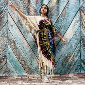 Handmade Tie Dye Viscose <b>Kaftan</b> Women's Three-Quarter Sleeve Ankle-Length Casual Dress Slit Contrast Color Plus Size - Product Image 3