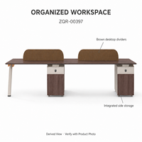 Bureau de travail pour 4 personnes avec armoires de rangement et séparateurs en tissu, 2400 mm, finition bois brun, mobilier de bureau