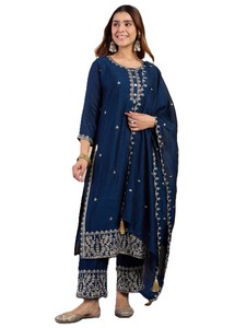 Traditional Women's Navy Blue Vichitra silk Salwar Kameez Set with Embroidery Dupatta Casual Daily Wear Loose Fit <b>Ankle</b> Length - Product Image 5