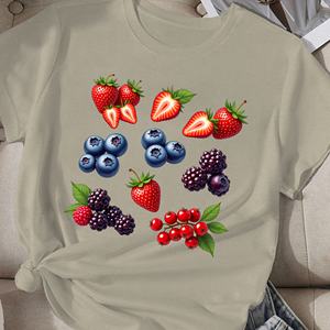 T-shirt décontracté Comfit pour femme avec imprimé de fraises aux couleurs vives en tissu tricoté en polyester - Product Image 4