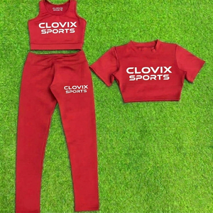 Ensemble de yoga personnalisé avec logo pour femmes, 3 pièces, vêtements de sport pour la salle de sport, haut court à manches courtes, soutien-gorge de sport, pantalon de fitness sans couture à taille haute, OEM - Product Image 5
