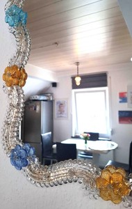 Handmade Murano Style <b>Mirror</b>, Blue Aqua Amber Floral Glass, Italian Vanity Wall Decor - Product Image 1