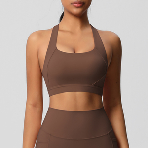 Soutien-gorge de sport pour femme, couleur unie, sans couture, col halter, maintien moyen, respirant, en spandex et polyester - Product Image 1