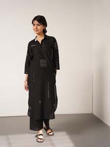Black Maxi <b>Shirt</b> Dress With Dot Pattern Three Quarter Sleeve <b>Mandarin</b> <b>Collar</b> Woven Fabric Casual Daily Wear - Product Image 3
