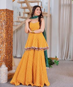 <b>Women</b> Navratri Special Faux Georgette Bandhej Print Fancy Lace Hanging Latkan Work Kediya <b>Kurta</b>/Kurti InCotton.M Party All - Product Image 3