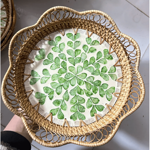 Mosaic Rattan Serving Tray Mother Pearl Inlay: Round <b>Wicker</b> Tray for Dinning Table Natural Boho Table Decor Rustic Home Gift - Product Image 2