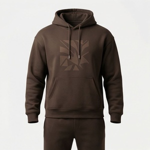 Sweat-shirt à capuche marron pour homme, imprimé géométrique, poche avant, décontracté, manches longues, pour l'automne, 100 % coton, poids moyen, coupe classique - Product Image 1
