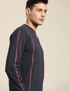 Sudadera de Cuello Redondo Azul Oscuro para Hombre, Corte Regular, Tejida, 100% Algodón, Informal, Diseño de Color Sólido para Otoño - Product Image 3