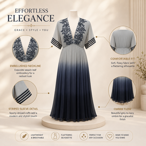 Women Ombre Maxi Dress Navy Grey Embellished V Neck Evening Gown Flowy Pleated Short Sleeve Elegant Formal Party Cocktail - Product Image 5