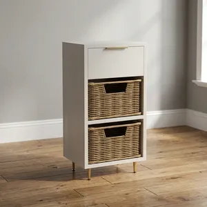 Armoire de rangement blanche moderne avec paniers tissés et poignée, design minimaliste pour salle de bain ou placard (panier en osier non inclus) - Product Image 6