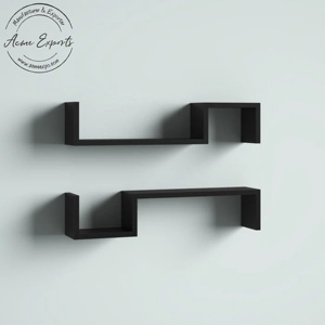 Ensemble de 2 supports muraux en bois en forme de S avec finition noire mate pour la maison et le bureau, décoration murale, livres et organisateur de plantes - Product Image 1