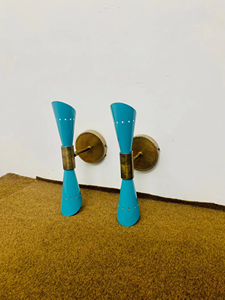 1950s Mid Century Italian Diabolo Metal Wall <b>Sconce</b> Pair Painted Die-Cut Printed 2 Bulb Folk Art Fixture Lamp Antique <b>Light</b> Blue - Product Image 1