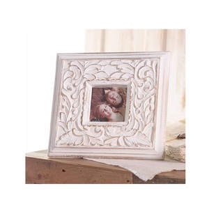 Ornate <b>Square</b> Wooden Photo <b>Frame</b> <b>White</b> Distressed Finish Tabletop Horizontal Decorative Design - Product Image 1