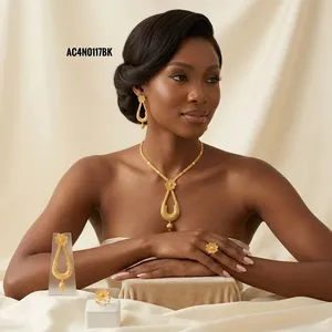 Conjunto de Collar Clásico con Cadena de Cuerda y Dijes de Flores Chapados en Oro de 24k para Mujer, Joyería para Bodas Africanas - Product Image 3