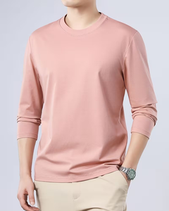Men's Long Sleeve O Neck Solid Pink Polyester/Cotton Blend Knitted 180g Breathable Regular Fit Casual Wear Front Logo T-Shirt - Product Image 1