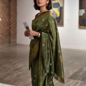 Sari Verde Sinfonía con Estampado Floral, Estilo de Vestido Pakistaní de Seda Banarasi, Modelo Banarasi Lehenga, Salwar Kameez Indio - Product Image 2
