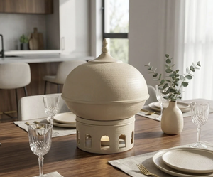 Calentador de Comida con Diseño Martillado y Revestimiento Blanco, Tapa con Diseño de Cúpula, Soporte para Velas de Alta Calidad, Estilo Árabe para Buffet - Product Image 1