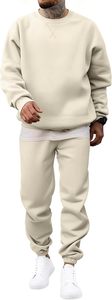 Conjunto Deportivo para Hombre, Sudadera y Pantalones Beige, Cuello Redondo, Color Sólido, Casual, Manga Larga, 100% Algodón, Transpirable, Corte Regular - Product Image 5