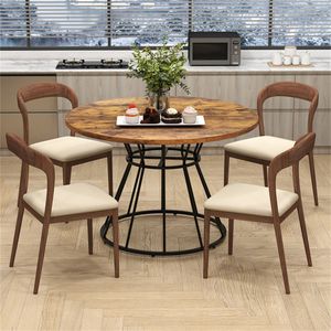 Table à manger ronde marron de 47 pouces pour 4 à 6 personnes, assemblée et extensible, avec base en métal en forme de sablier et plateau incurvé - Product Image 4