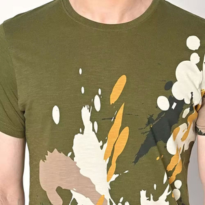 T-shirt en coton tricoté décontracté pour homme, vert olive, imprimé abstrait, manches courtes, col rond, coupe classique - Product Image 6