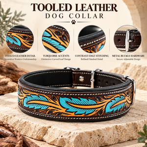 Collar de Cuero Repujado Estilo Western para Perro, con Acolchado Floral Turquesa |   Conjunto de Arnés Ajustable con Hebilla Metálica Resistente para Perros - Product Image 5