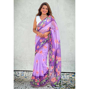 Sari de Noche de Algodón Chanderi Lavanda con Estampado Pichwai y Borde Tejido con Zari, 500g, de Elite Weaves - Product Image 5