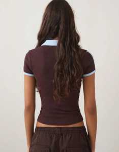 Oneten Women Brown Short Sleeve Cropped <b>Polo</b> <b>Shirt</b> Light <b>Blue</b> Collar Letter Print Sporty Top - Product Image 4