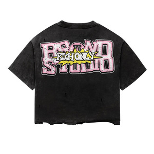 Custom Slogan Silk Screen Printed Oversized Crop T-Shirt <b>Men's</b> Short Sleeve <b>Turtleneck</b> 100% Cotton Formal Black - Product Image 1