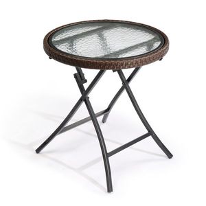 Mesa Auxiliar Redonda de Ratán para Patio con Tapa de Vidrio Templado, Mesa Plegable de Mimbre para Jardín - Product Image 1