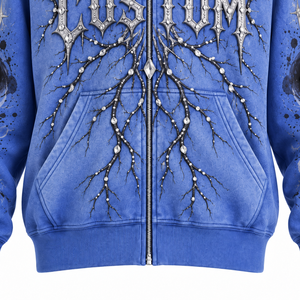 Blue <b>Gothic</b> Zip-Up <b>Hoodie</b> with Rhinestone Embellished Design Unisex Regular Fit Velour Casual Winter Sweatshirt - Product Image 3