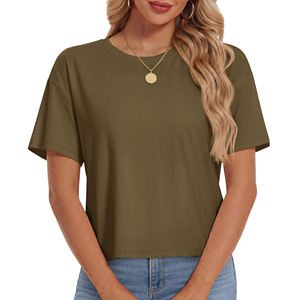 T-shirt décontracté pour femme, vert olive, coupe courte, manches courtes, col rond, coupe ample, 100% coton jersey tricoté, couleur unie - Product Image 3