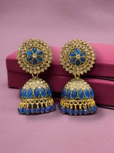 Pendientes Jhumka de Cristal Azul Zafiro Real Indio al por Mayor, Jhumki Colgantes Florales Chapados en Oro Antiguo para Mujer - Product Image 2