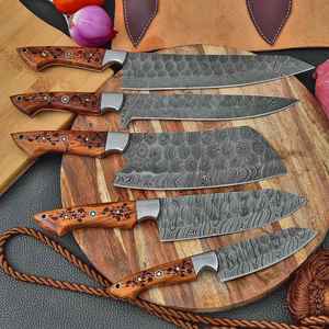 5 Piece Damascus Steel Right Hand Serrated Edge <b>Knife</b> <b>Set</b> Customized Handle Polished Blade <b>Sharp</b> Kitchen <b>Knives</b> Genuine Leather - Product Image 3