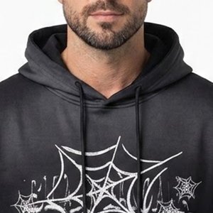 Sweat-shirt à capuche noir pour homme avec logo personnalisé, imprimé toile d'araignée blanche, en coton tricoté, décontracté, pour l'automne, avec poche avant pour logo - Product Image 5