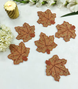 Handmade <b>Beaded</b> Leaf <b>Coasters</b> Eco-Friendly Luxury Orange Fall Traditional Indian Design Fabric Placemats Set of 6 - Product Image 3
