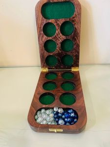 Polished Wooden Mancala Board Game Set with Hinged Lid and <b>Glass</b> <b>Marbles</b> for Minimalist Design Two Players Game - Product Image 1