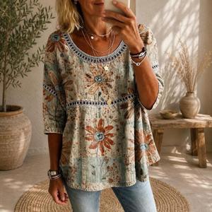Blusa de Algodón Bordada Estilo Bohemio para Mujer, Manga Tres Cuartos, Cuello Redondo, Estampado Floral, Corte Holgado, Top de Primavera/Verano - Product Image 2