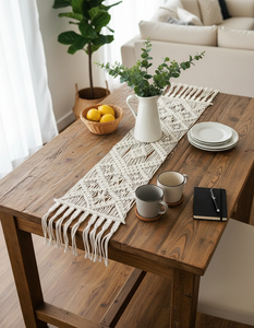 Chemin de table en coton macramé blanc fait main, taille personnalisée 14 x 78 pouces, style bohème, design noué moderne, pour la décoration de la maison - Product Image 5
