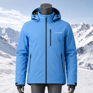 Veste de ski imperméable bleue pour homme, à capuche, fermeture éclair, logo personnalisé sur le devant, isolation synthétique, vêtements d'extérieur, veste de ski - Product Image 1