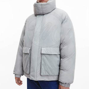 Men's Gray Puffer Jacket Hooded Zipper Closure <b>Thick</b> <b>Winter</b> Casual <b>Coat</b> with Pockets Polyester Wadding Warm Outerwear - Product Image 3
