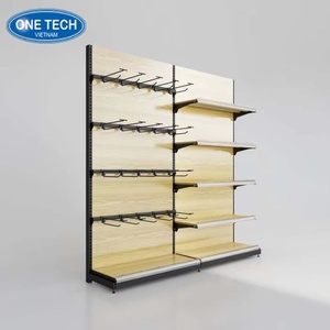 Présentoirs en bois avec crochets intégrés One Tech Wood, personnalisables, pour vêtements, avec dos fixe et étagère solide - Product Image 1
