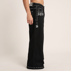 Pantalones de Mezclilla Negros Holgados y Rectos para Hombre, Estilo Urbano, 100% Algodón, Antiencogimiento, Cintura Alta, Contraste Blanco Intenso, 2 SPI - Product Image 3