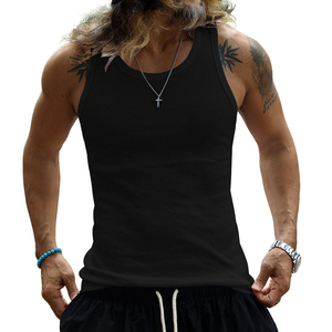 Camiseta sin mangas de punto acanalado blanca para hombre, cuello redondo, color liso, estilo casual - Product Image 3