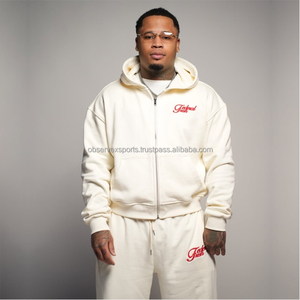 Ensemble de survêtement deux pièces en molleton 100% coton, pantalon évasé et sweat à capuche de couleur unie, couleurs personnalisables - Product Image 1