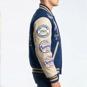 Chaqueta Varsity Azul Marino para Hombre con Logotipo Personalizado, Mangas de Cuero, Parche de Letras Bordadas, Cierre de Botones a Presión, Abrigo de Invierno - Product Image 3