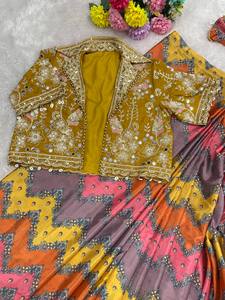 <b>Women</b> Mustard Embroidered Blouse Multicolor Zigzag Print Silk Saree Set Ethnic Wedding <b>Wear</b> - Product Image 4