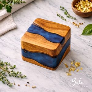 Bela Artisan Handmade Acacia Wood Epoxy Resin Jewelry <b>Box</b> 10x10x7 cm Single Ring Storage Decorative <b>Keepsake</b> Gift Model 111 - Product Image 2