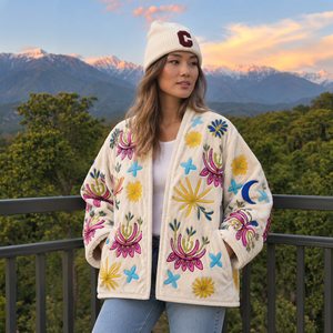 Rajasthani Textile Autumn Floral Hand Embroidered Fleece <b>Jacket</b> Vintage Breathable Polyester Wadding Filling Full Sleeve Soft - Product Image 1