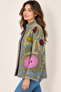 Custom Wholesale Hand Embroidered <b>Velvet</b> Bomber <b>Jacket</b> <b>Women</b> Floral Cotton Lined Boutique Coat - Product Image 2