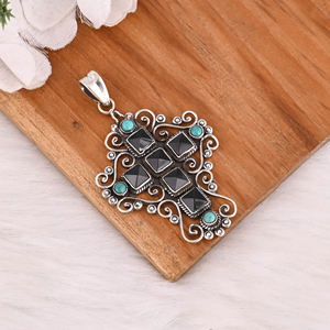 Customized 925 Sterling Silver Cross <b>Pendant</b> With <b>Black</b> Onyx & Turquoise Gemstone <b>Pendant</b> Fine Vintage Jewelry - Product Image 3